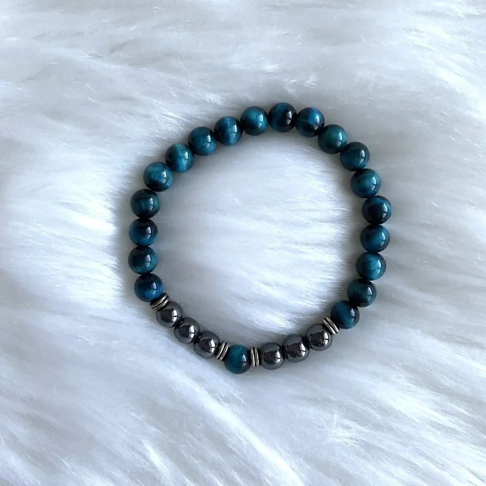 BLUE TIGER’S EYE BRACELET GEM BEAD BRACELT UNISEX NEW